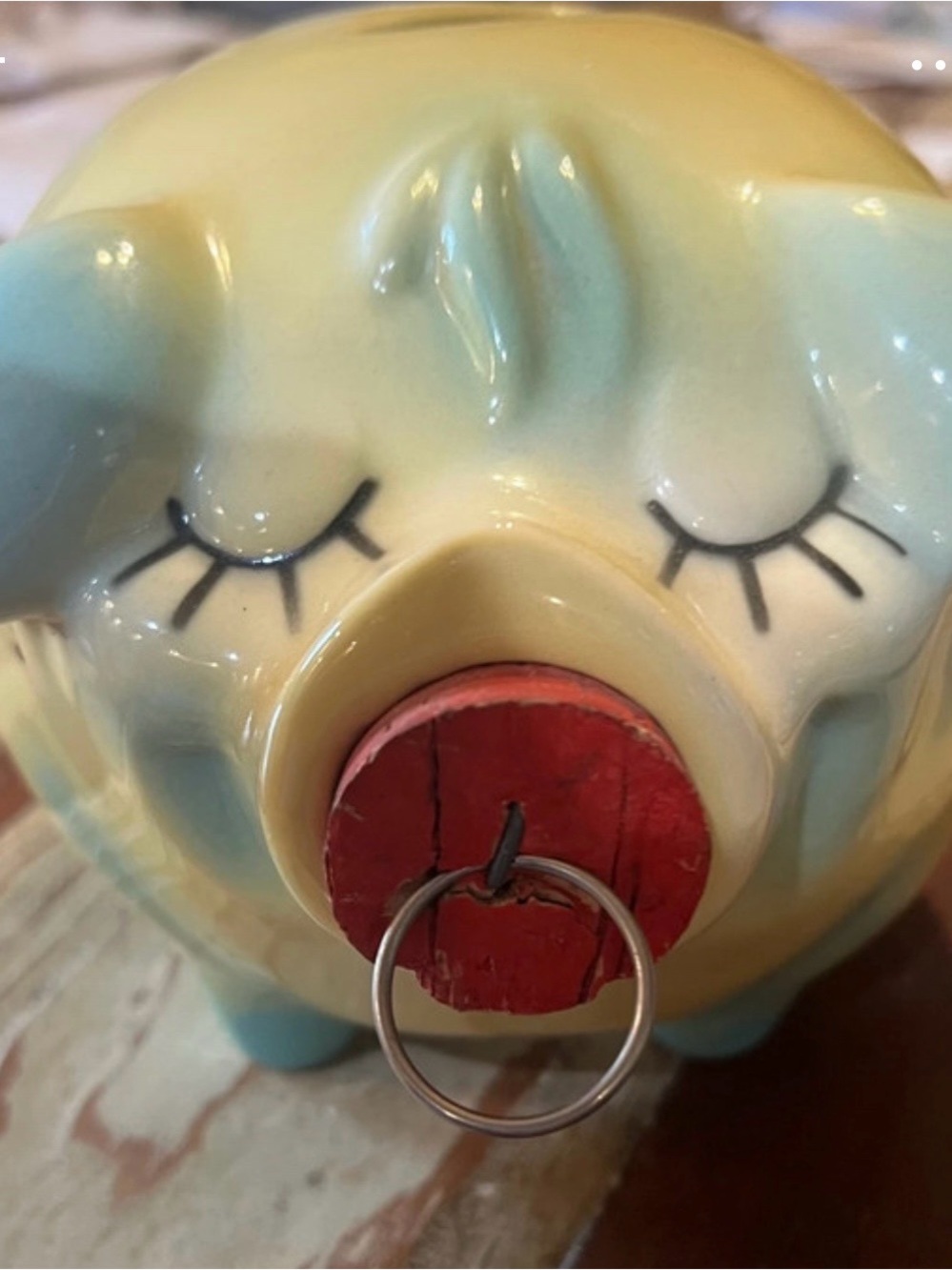 Cute Ceramic Piggy Bank in Pale Yellow and Light Blue with Red Snout